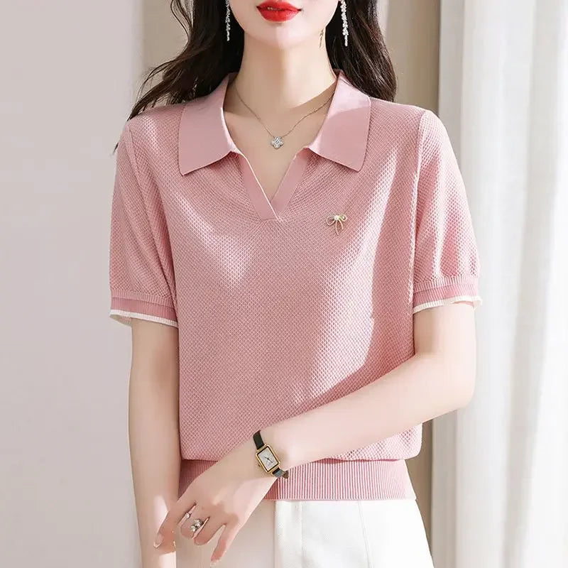 Female Tee Baggy Plain Knitted Cute T-shirts Kawaii Women's Polo Pulovers Offer Free Shipping Summer 2024 with Collar New On  Amaijoin