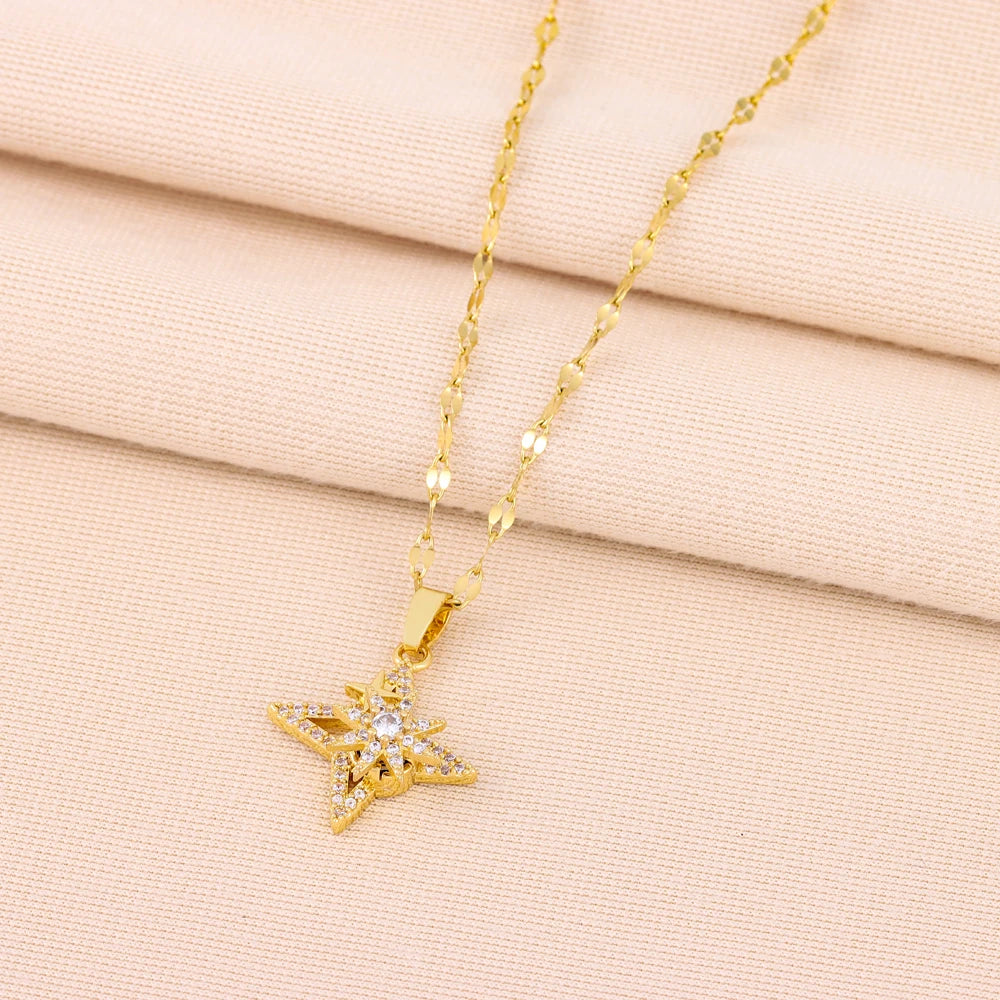 New In Rotatable Zircon Crystal Lucky Star Pendant Necklaces For Women Trendy Female Stainless Steel Chain Ladies Accessories  Amaijoin