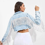 Load image into Gallery viewer, Women&#39;s Fringe Jacket Tassel Cropped Denim Jacket Raw Hem Ripped Crop Jean Jackets  Amaijoin
