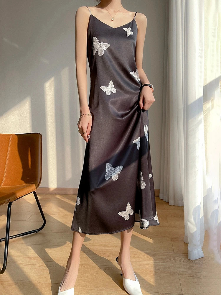 Summer Sling Skirt Silk Vest Satin Dress Ladies Sleeveless Outer Wear Thin French Suit Inside New Mulberry Silk Base Long Skirt  Amaijoin