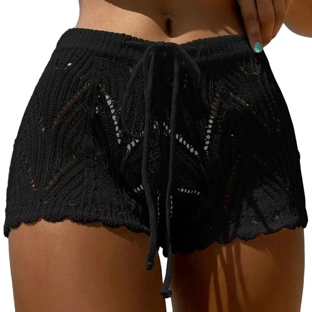 Women Beach Shorts Hollow Out Knitted Lace Drawstring Summer Bikini Pants Crochet Knit Swim Beach Wear Cover Up Juicy-buttocks  Amaijoin