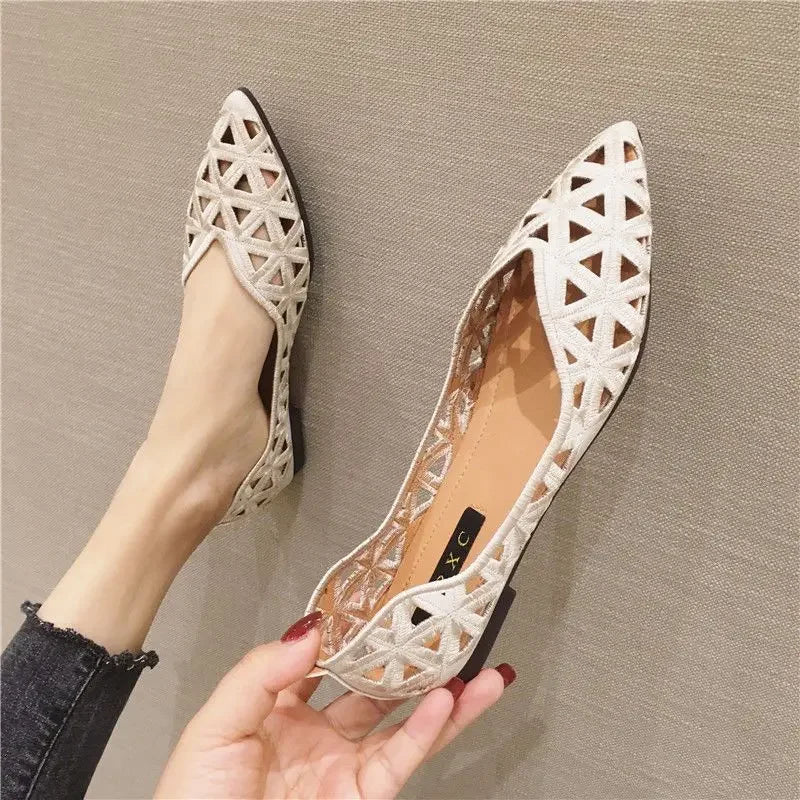 2024 Flat Shoes Women Elegant Women's Breathable Hole Shoes Pointy Shallow Mouth Hollow Leisure Commuter Footwear Spring Summer  Amaijoin