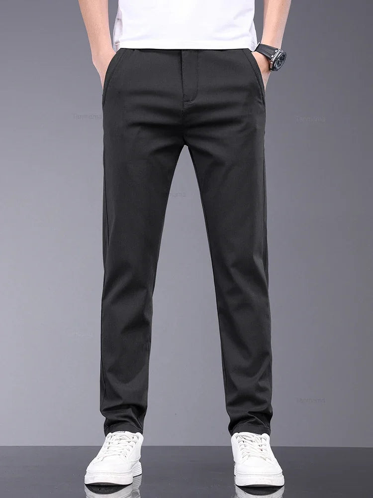 Bamboo Fiber Fabric Summer Men's Casual Pants Fashion Thin Soft Breathable Elastic Business Slim Straight Trousers Black Gray  Amaijoin