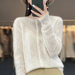 Load image into Gallery viewer, Round Neck 100% Merino Wool Cardigan Spring Autumn New Hollow Out Fashion Long Sleeved Solid Color Knitted Cardigan Sweater Top  Amaijoin
