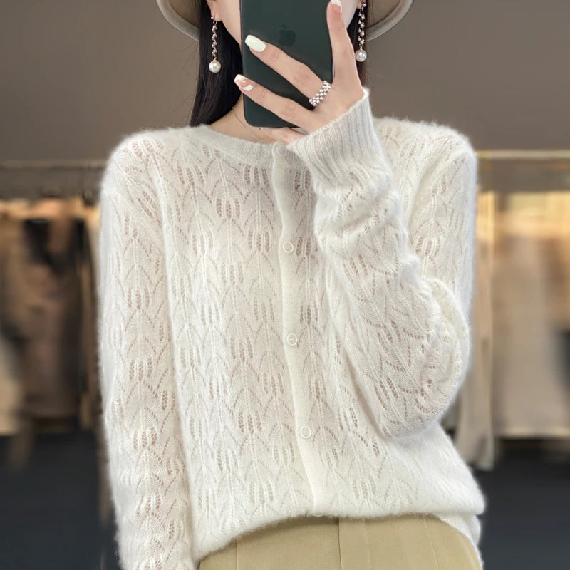 Round Neck 100% Merino Wool Cardigan Spring Autumn New Hollow Out Fashion Long Sleeved Solid Color Knitted Cardigan Sweater Top  Amaijoin