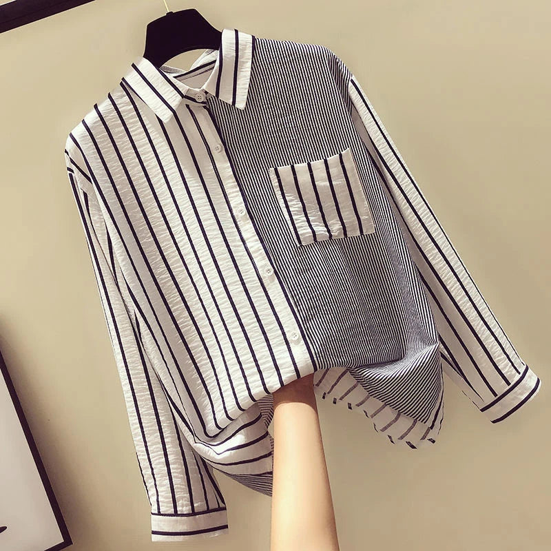 2024 Korean Loose Casual Women's Shirt Summer Thin Trendy Striped Patchwork Pocket Office Lady Shirt Sweet Women's Top Blouses  Amaijoin