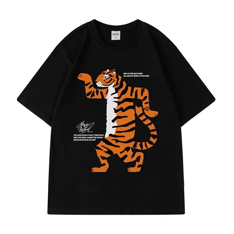 ZAZOMDE Summer Men Tee Korean Fashion Retro Loose Letter Cartoon Tiger Short-sleeved Cotton T Shirt Oversized Tops Unisex Tees  Amaijoin