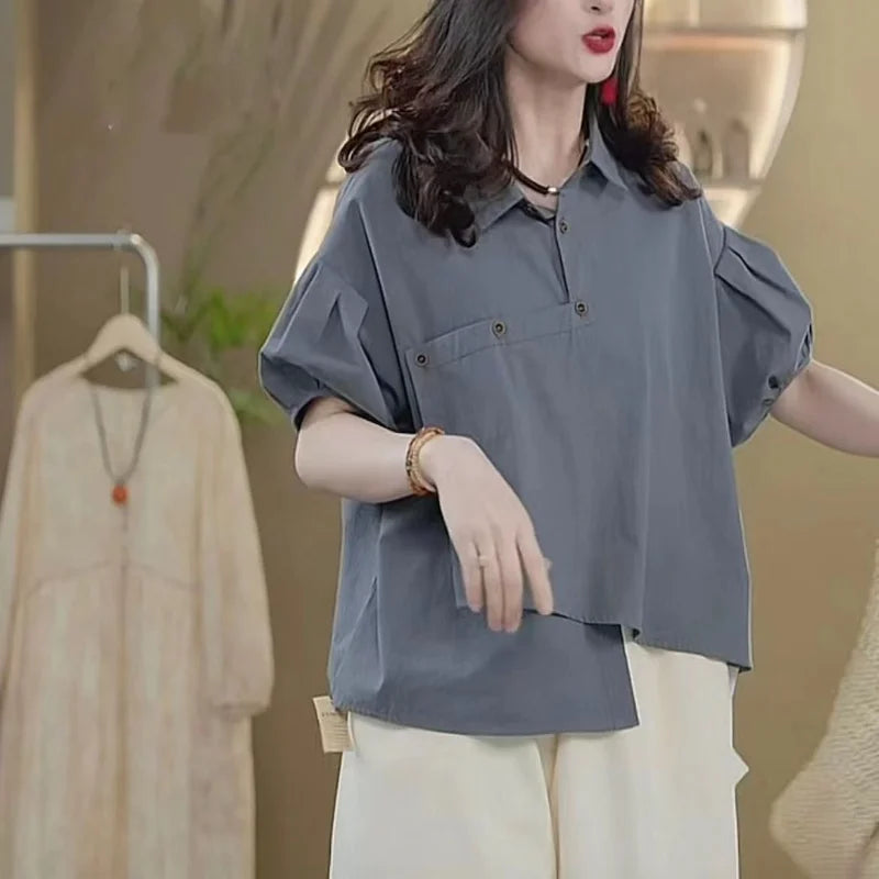 Cotton Irregular Shirt Blouse 2023 Summer New Women's Clothing Korea Stylish Bubble Sleeve Loose Thin Oblique Buckle Top Women  Amaijoin