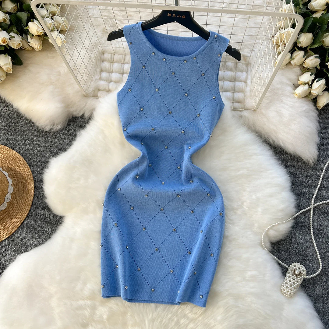 Beading  Summer Women's Knitting Sheath Tank Dress Female Bodycon Knitted Camisole Sleeveless Mini Dresses For Woman Outfits  Amaijoin