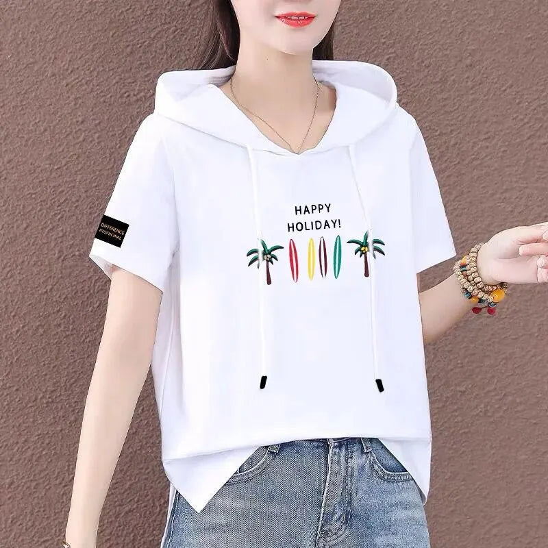 Short Sleeve Summer Thin White T-shirt Women Casual Fashion Top Loose Style Polyester Fabric Cartoon Design  Amaijoin