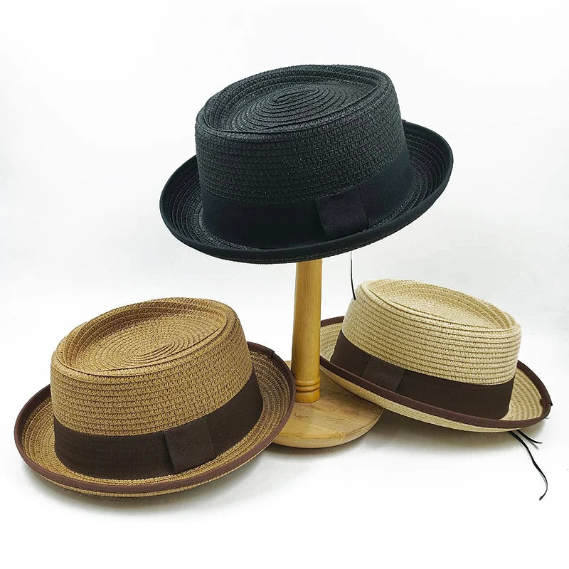 Small Top Hat Curled Men's and Women's Straw Hat Pork Pie Hat 2024 New Sun Hat Summer Beach Hat Gentleman Hat Bow Accessories  Amaijoin