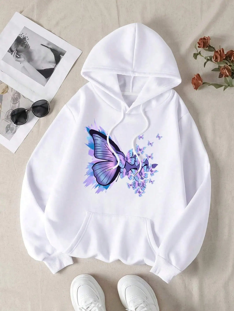 Purple Dream Butterfly Printed Hoodies Casual Women Sweatshirts Comfortable Fleece Pullover Crewneck Loose Female Tops Clothes  Amaijoin