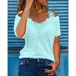 Carregue a imagem no visualizador da Galeria, V-Neck Lace Short Sleeved T-shirt 2023 Summer Women Clothing Casual Shirt Tees Y2K Crop Clothes Elegant Female Pullover Topso  Amaijoin
