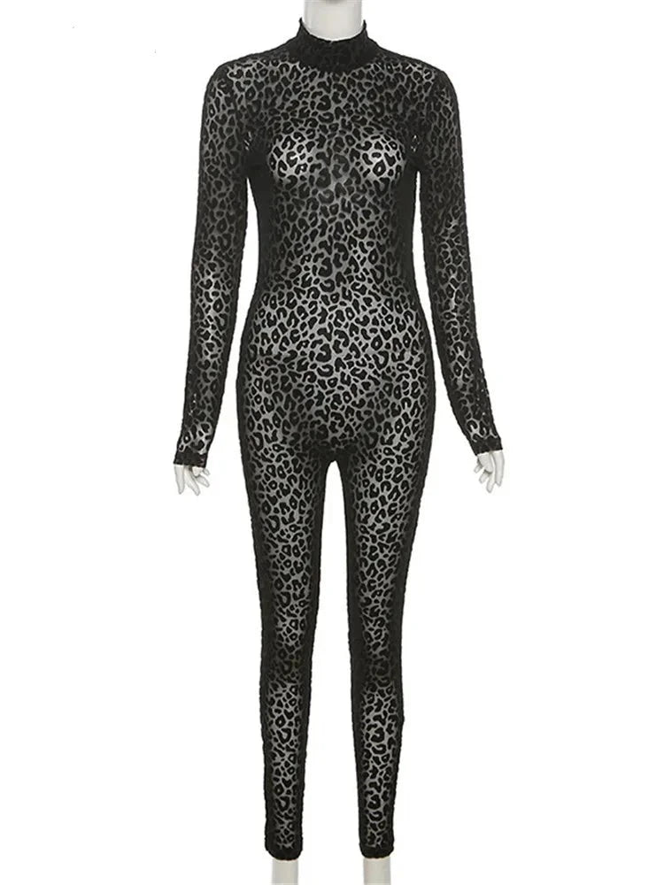 Shestyle Leopard Transparent Jumpsuits Women Skinny Back Zip Mock Neck Black Sexy 2021 Hot Animal Print Slim Clubwear Fitness  Amaijoin