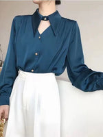 Load image into Gallery viewer, Zoki Sexy Hollow Out Women Satin Shirt Elegant Long Sleeve Casual Office Lady Blouse Korean Fashion All Match Loose White Tops  Amaijoin
