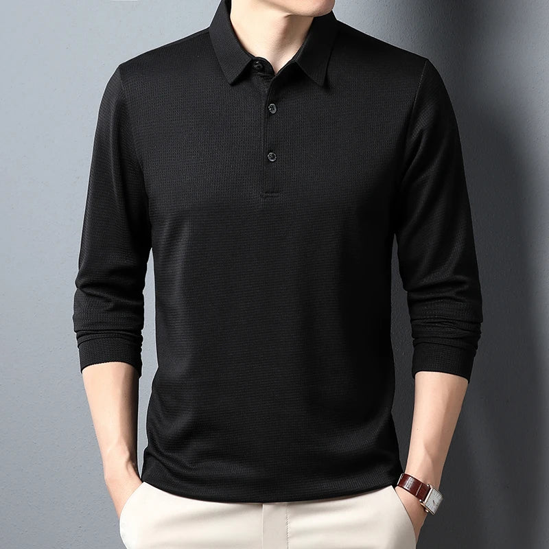 Men's Business Casual Polo Long Sleeve T-shirt Summer Comfortable  Solid Cotton Top  Amaijoin