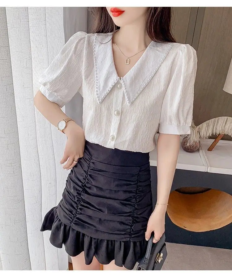 Sweet Peter Pan Collar Puff Sleeve Button Oversized Beading Blouse Summer Casual Tops Elegant Female Clothing Commute Shirt  Amaijoin