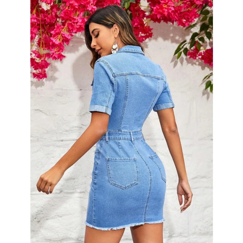 Nightclub Denim Dress Pockets Summer Y2K Sexy Slim Denim Dress Women Short Sleeve Single Breasted Hip Bodycon Mini Dress  Amaijoin