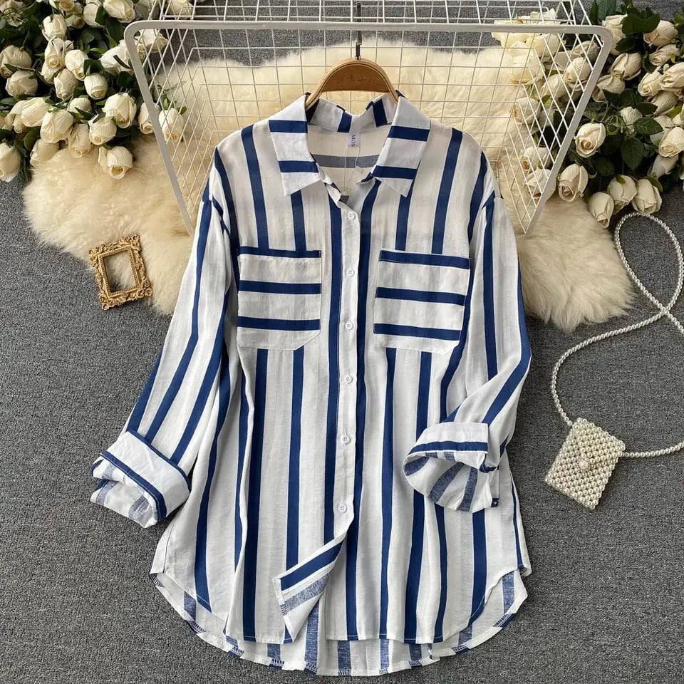 Fashion Woman Blouse 2023 Medium Length Vertical Stripe Shirt Jacket for Women's Korean Casual Loose Fitting Elegant Top  Amaijoin