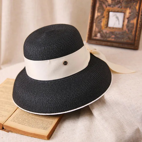 Hepburn bow ribbon sun hat women's straw hat Bucket hat color sunscreen sun hat beach hat wholesale  Amaijoin