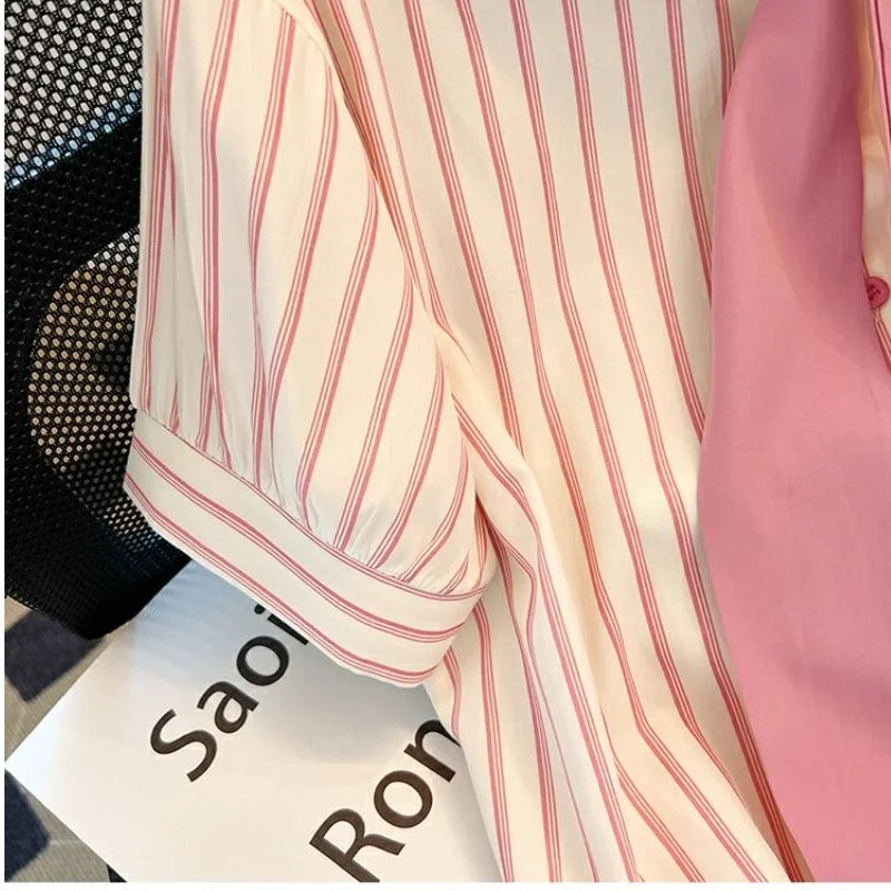 Women's Summer Trend Clothing Short Sleeved Striped Shirt Pocket Shawl Shirt Top Sweet Casual Office Lady's Shirts And Blouses  Amaijoin