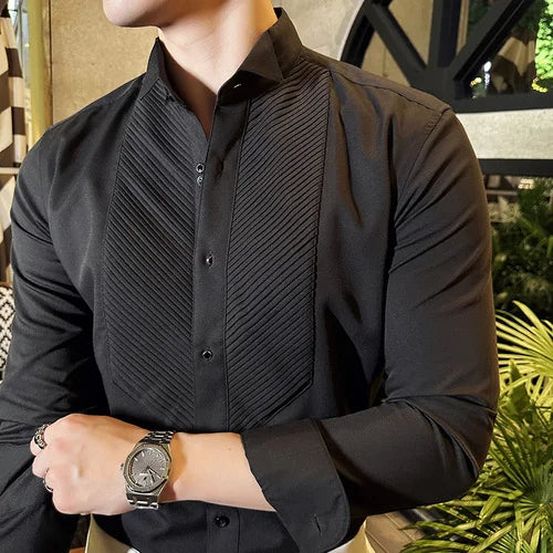 2023 Autumn Banquet Gentleman Dress French Collar Shirt Men's Long Sleeve Casual Business Organ Pleated Shirt Men Clothing  Amaijoin