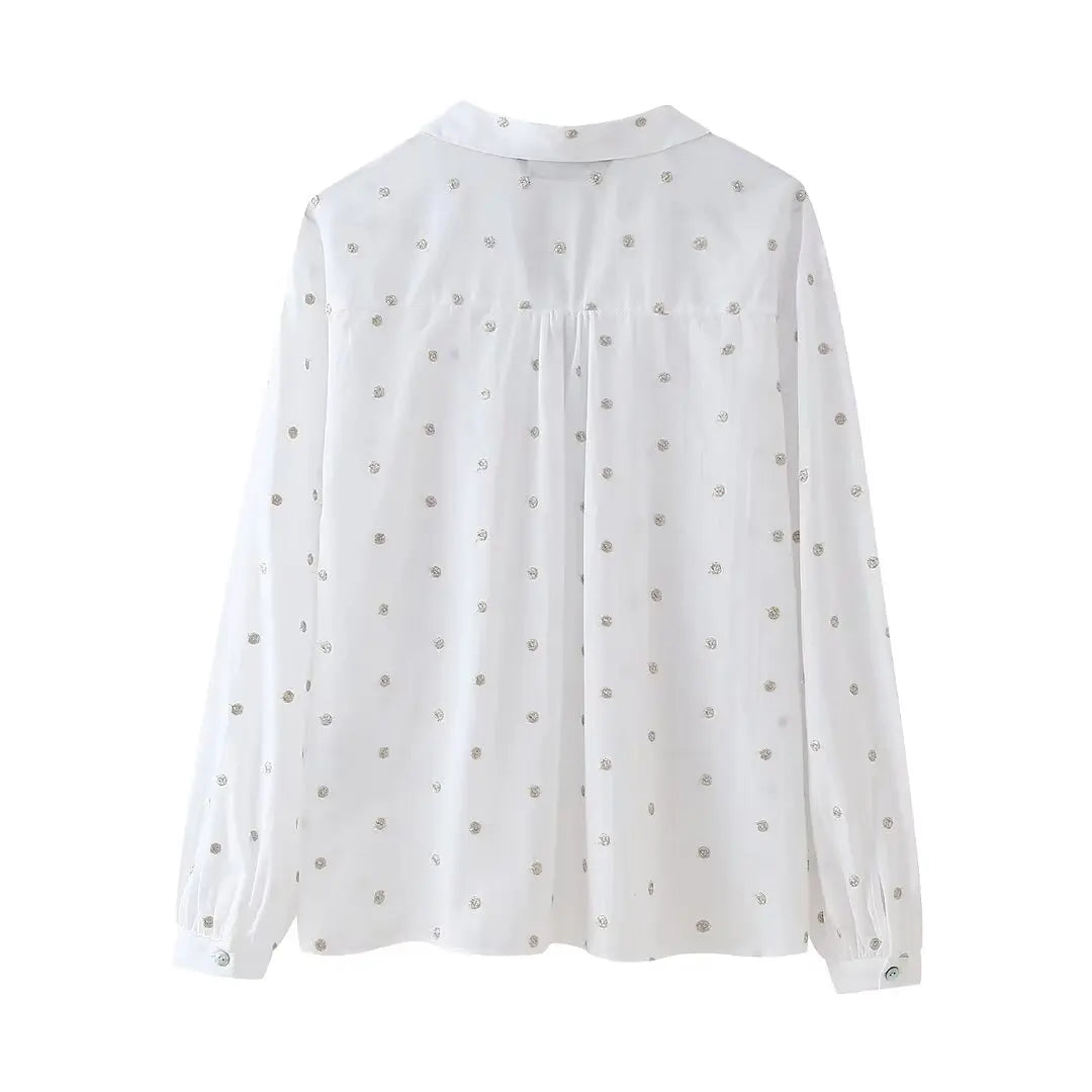 TRAF White Oversize Shirt Women Dot Button up Shirts for Women Long Sleeve Ruched Blouse Female Summer Collar Shirts and Blouses  Amaijoin