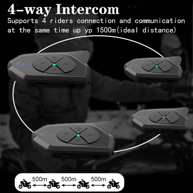 NOECI GoCom4 Motorcycle Intercom Bluetooth Headset For 4 Riders Group  1500m Full-duplex Interphone IP65 Music Sharing+ FM  Amaijoin