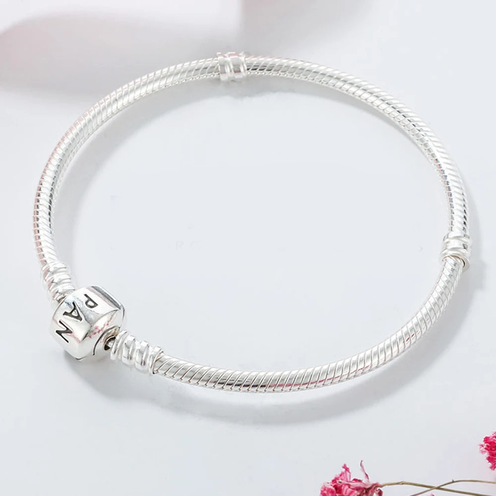 Pandora S925 Silver Classic letter Square Head Buckle Moments Snake Chain Braceletsimple Fashion DIY Bracelet with Cloth Bag  Amaijoin