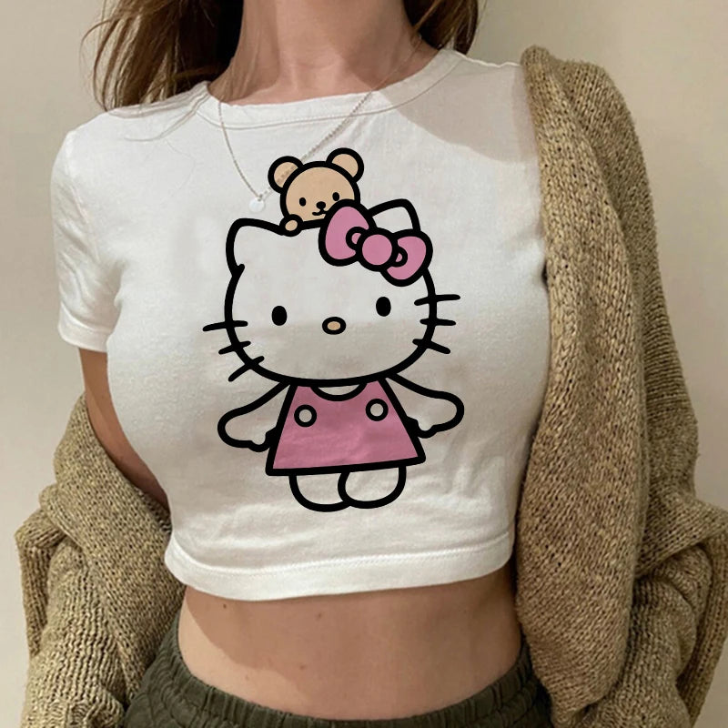 Tshirt Crop Top Hello Kitty T-shirt Kawaii T Shirt Sanrio Anime Cartoon Children Casual Clothes Y2k Cropped Tee Shirt Top  Amaijoin