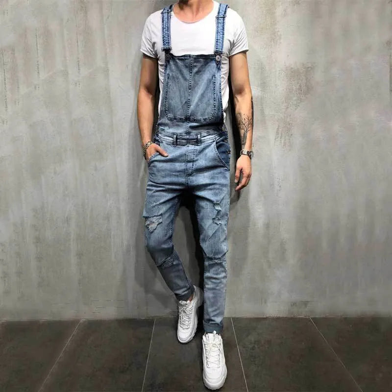 Men Stylish Slim Biker Jeans Bib Overalls Jumpsuits jeans Man Streetwear Casual Stretch Ripped Dungarees Male Strap Jeans  Amaijoin