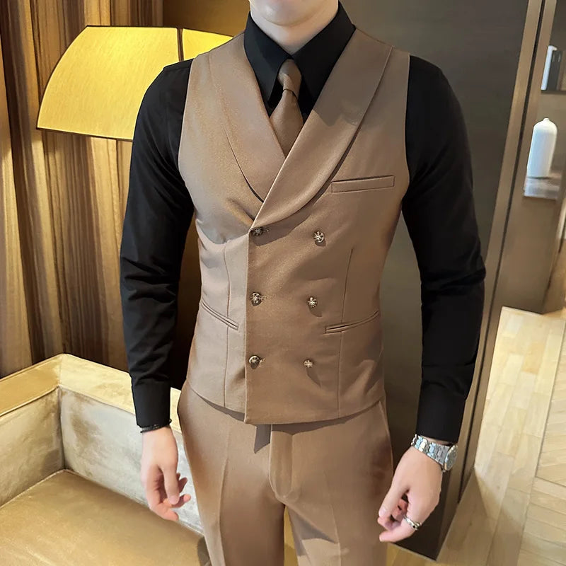 High Quality Double-Breasted Solid Mens Vest Coat Korean Style Business Slim Fit Male Waistcoat Groom Wedding Dress Suit Vests  Amaijoin