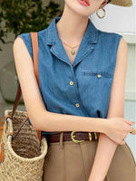 Load image into Gallery viewer, Vintage Denim Vest Women Summer Cuban Collar Sleeveless Shirt Loose Casual French Style Chic Pocket Blouse Outerwear Top  Amaijoin
