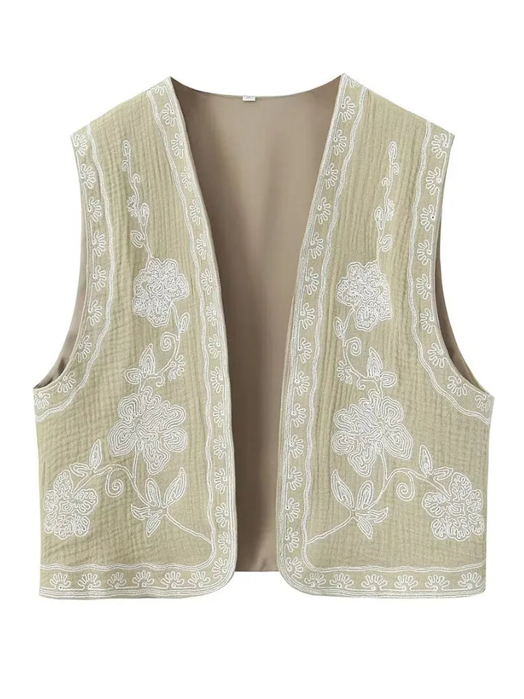 Summer 2024 Women Sleeveless Embroidered Vest Causal Female Vintage Boho Vest Woman Cropped Jacket Waistcoat Women Cardigan  Amaijoin