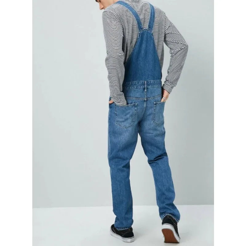 Men Casual Pocket Button Stitching Spaghetti Strap Jeans Autumn Vintage Jeans Jumpsuits Men Washed Straight-Leg Denim Jumpsuits  Amaijoin