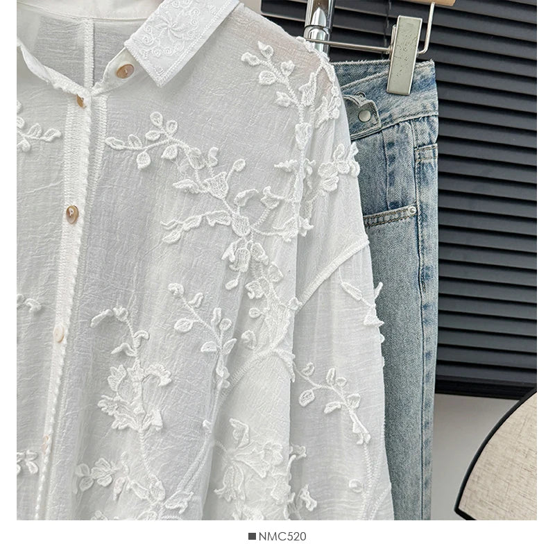 Embroidery Stereo Jacquard Gentle Blouses Single-breasted Lace Patchwork Age Reducing Blusas 2024 Spring Autumn New Chic Shirts  Amaijoin