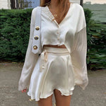 Load image into Gallery viewer, White Elegant Satin 2 Two Piece Set Women Lantern Long Sleeve Crop Tops Cardigan Sexy High Waist Mini Tennis Sport Skirts New  Amaijoin
