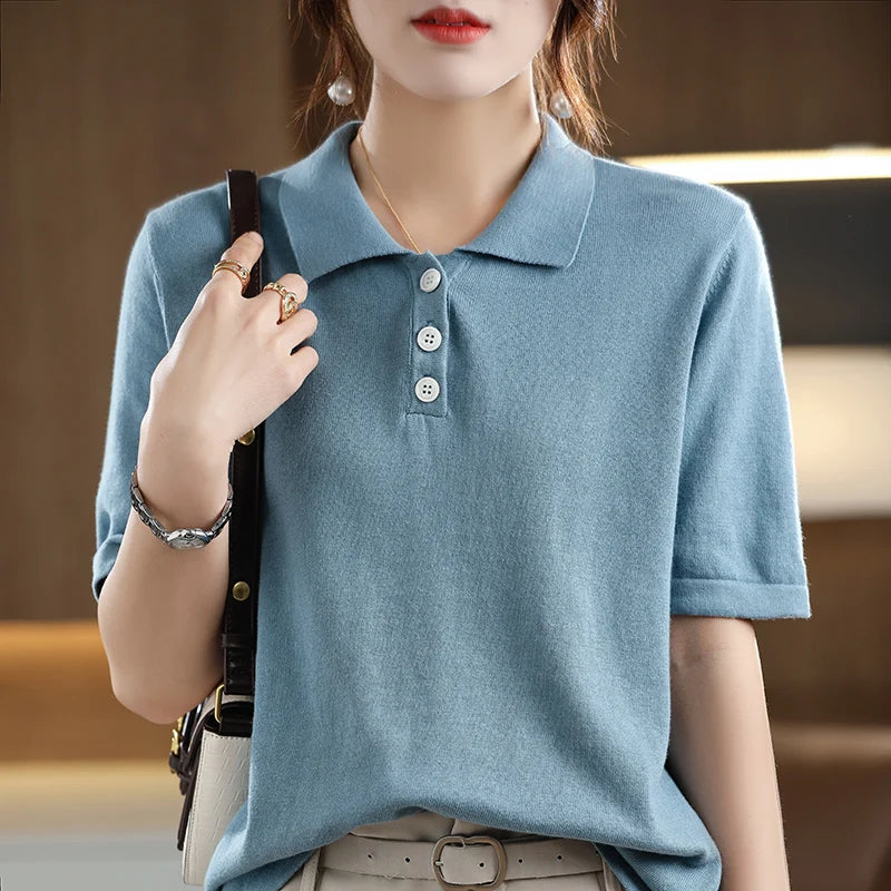 2024 New Women's Short sleeved 100% Wool Knitted POLO Neck Women's T-shirt Soft and Comfortable Short sleeved Women's Top  Amaijoin