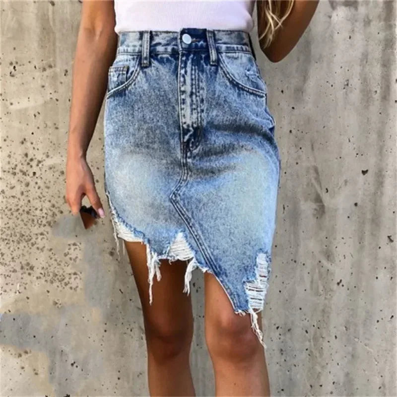 Fashion Irregular Hem Wrap Hip Skirt 2024 Summer Slim Broken Holes Denim Half-body Dresses Female Comfortable Casual Streetwear  Amaijoin