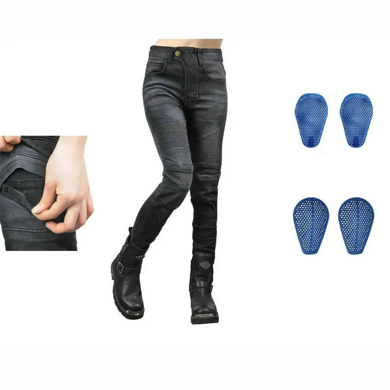 Motorcycle Pants Pantalon Moto Green Moto Jeans Woman Boyfriends Motorcycle Leisure Women's Jeans Blue Riding High Waist Jeans  Amaijoin