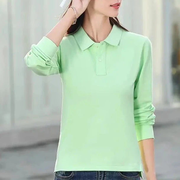 High Quality Womens 100% Cotton Long Sleeve Polos Shirts Casual Lapel Ladies Tees Fashion Female All-Season New T-shirt Slim Top  Amaijoin