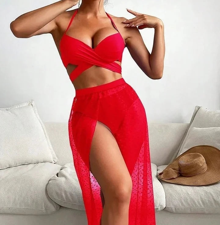 2024 3Piece Bikini Women Sexy Swimwear With Beach Skirt Chiffon Push Up Bikini Set Female Swimsuit Halter Bathing Suit Beachwear  Amaijoin