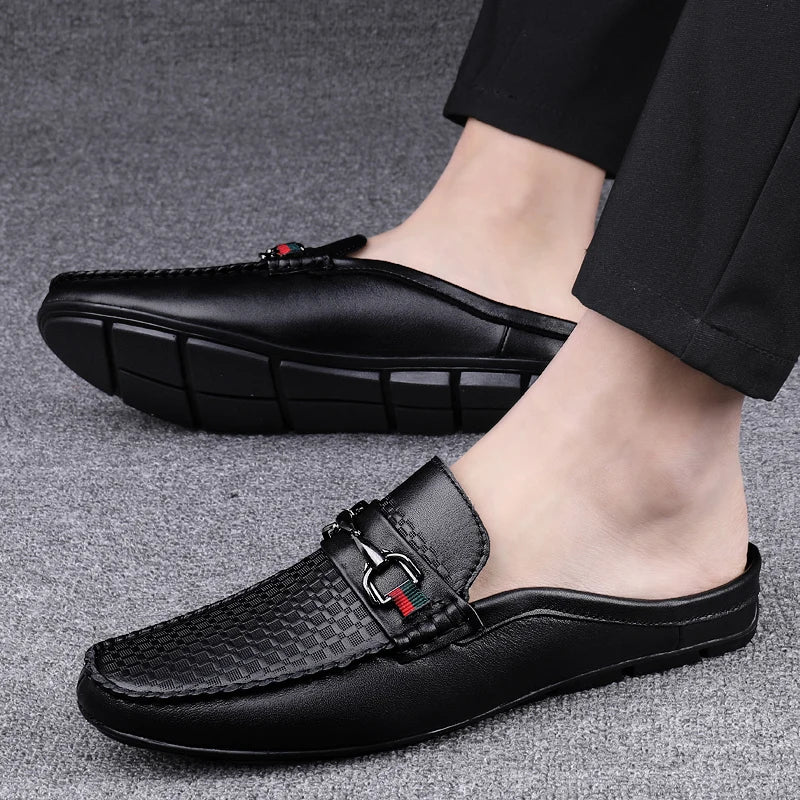 Man New Fashion First Layer Cowhide Casual Half Shoes Male Backless Loafer Half Footwear Hombre Open Back Leather Comfy Mocassin  Amaijoin