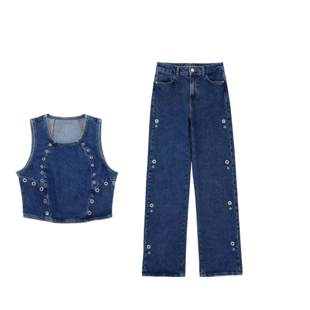 KONDALA Vintage Solid Women Denim Suit Cowboy O-neck Sleeveless Vest Loose Long Pants Chic Fashion 2023 Autumn Basics Sets  Amaijoin