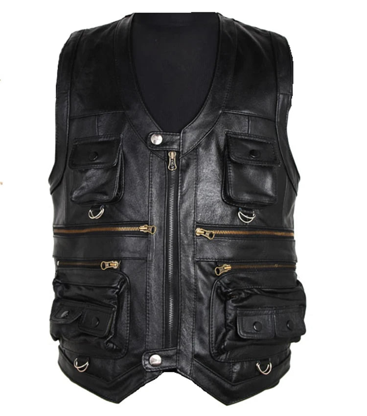 2023 Cowhide Genuine Leather Vest Men Waistcoat Male Sleeveless Jacket Thick Motorcycle Vest Multi Pocket leather biker vest  Amaijoin