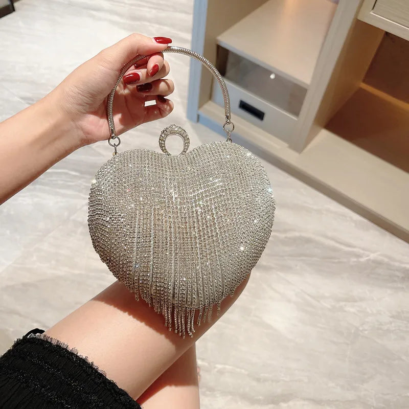 Rhinestone Evening Bag Heart Pattern Silver Clutch Womens Fashion Diamond Banquet Clutch And Purse Wedding Bridal Prom Wallets  Amaijoin