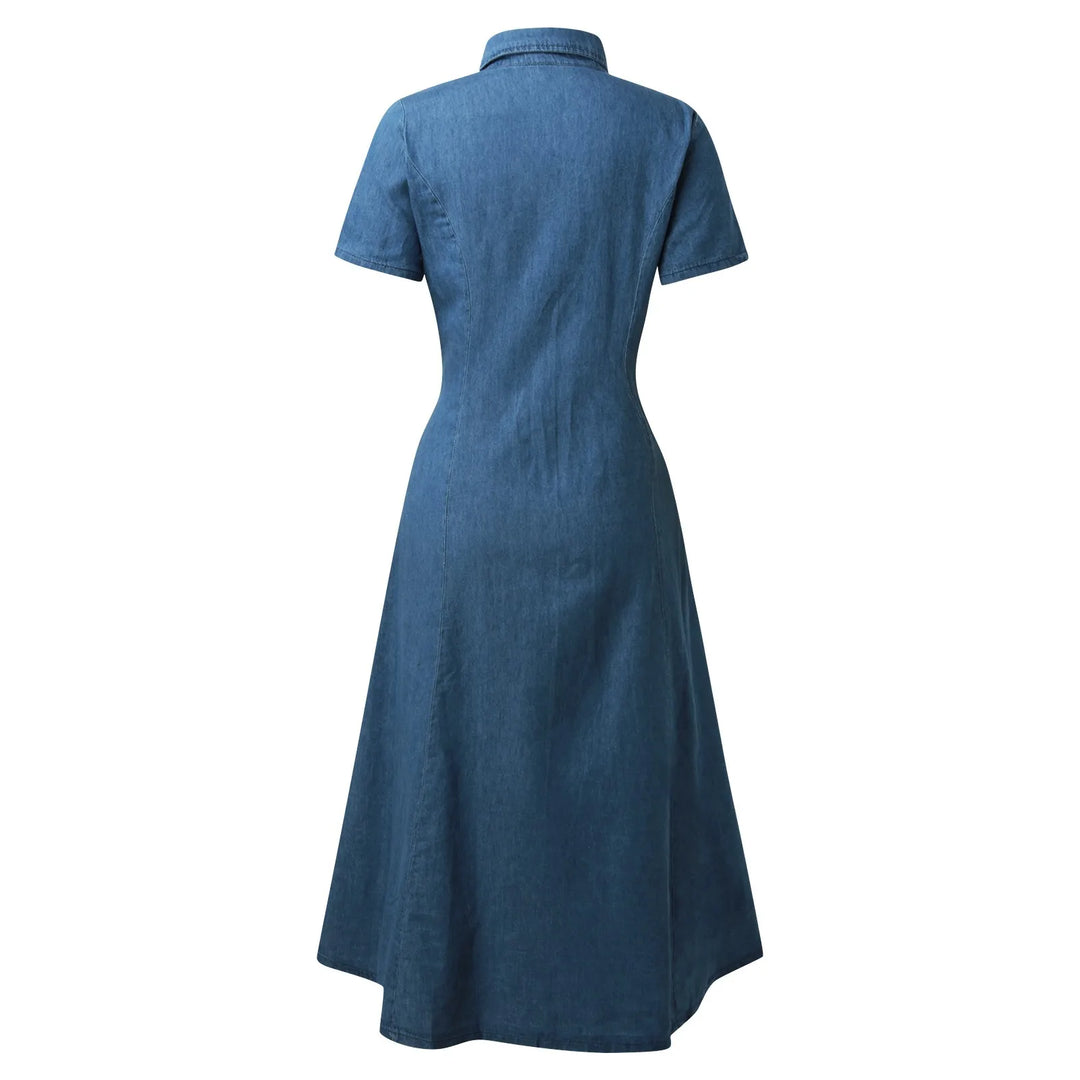 Women Casual Denim Dress Short Sleeve V Neck Pocket Dress Solid Buttons Slim Large Swing Loose Dress Elegant Summer Maxi Dresses  Amaijoin