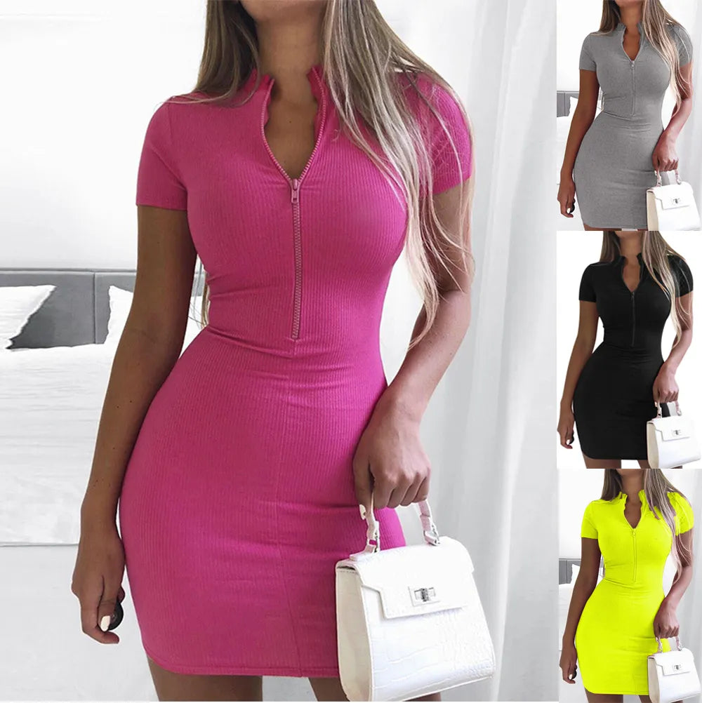 Women's Spring 2023 New Cross border European and American Dress Sexy Wrap Hip Skirt Short Sleeve Zipper miniskirt  Amaijoin