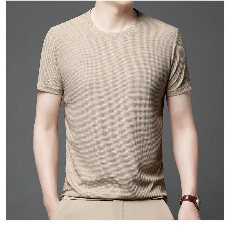 Short sleeved Polo shirShort sleeved Waffle Solid Polot fashion splicing men's round neck top cotton daily short sleeved T-shirt  Amaijoin