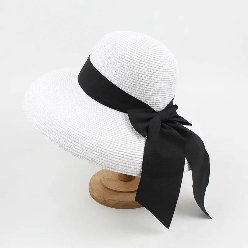 Hepburn bow ribbon sun hat women's straw hat Bucket hat color sunscreen sun hat beach hat wholesale  Amaijoin